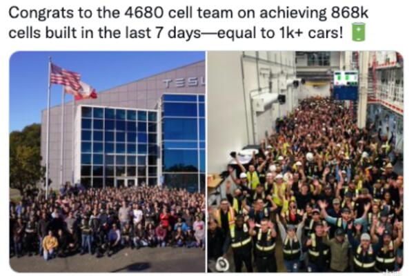 特斯拉4680電池周產能達86.8萬塊 可裝備1000多輛Model Y