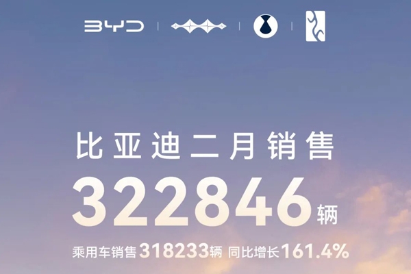 比亞迪汽車：2月份銷售322846輛 同比增長164%