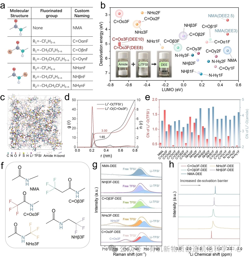 圖2. (a) 酰胺分子的自定義命名法。(b) 酰胺分子的LUMO能級及其在低共熔電解質(DEE)中與Li?的去溶劑化能量,插圖為DEE的制備過程。圖中未標注的數據點均對應DEE4。(c) C=Oα3F-DEE的快照及溶劑化結構,球棍模型顯示了包含陰離子的溶劑化結構。(d) C=Oα3F-DEE的徑向分布函數(RDF)。(e) 分子動力學模擬得到的Li+–O(酰胺)和Li?–O(TFSI?)配位數(CNs)。(f) 主要實驗對象的化學結構。(g) DEEs的擬合拉曼光譜。(h) DEEs的核磁共振光譜(NMR)。 圖2. (a) 酰胺分子的自定義命名法。(b) 酰胺分子的LUMO能級及其在低共熔電解質(DEE)中與Li?的去溶劑化能量,插圖為DEE的制備過程。圖中未標注的數據點均對應DEE4。(c) C=Oα3F-DEE的快照及溶劑化結構,球棍模型顯示了包含陰離子的溶劑化結構。(d) C=Oα3F-DEE的徑向分布函數(RDF)。(e) 分子動力學模擬得到的Li+–O(酰胺)和Li?–O(TFSI?)配位數(CNs)。(f) 主要實驗對象的化學結構。(g) DEEs的擬合拉曼光譜。(h) DEEs的核磁共振光譜(NMR)。