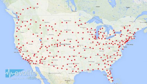 2015年底北美超級(jí)充電站分布