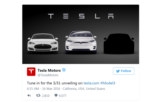 特斯拉3月31日發布廉價電動車Model 3 賣22.8萬