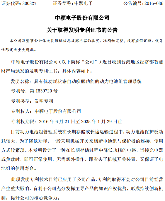 中穎電子：取得動力電池組管理系統發明專利證書