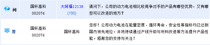 國軒高科：動力電池多項指標國內(nèi)領(lǐng)先 將繼續(xù)提升產(chǎn)品性能