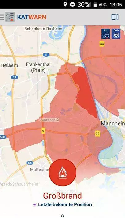 ▲手機警報系統Katwarn發出的警報