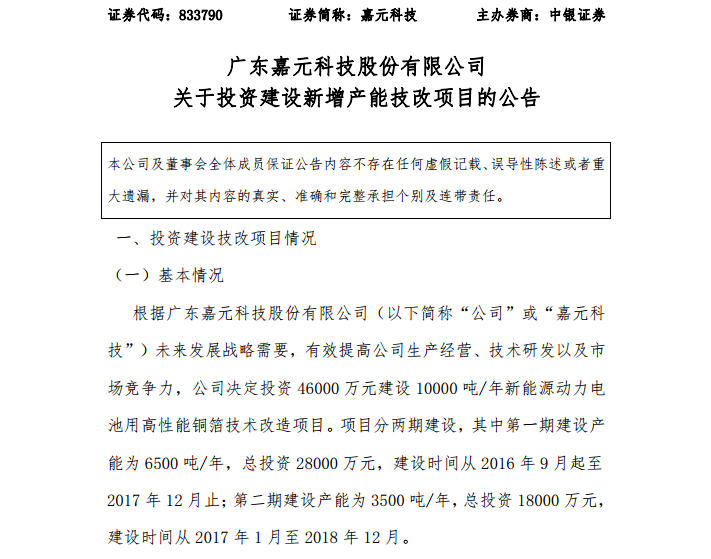 嘉元科技：擬4.6億元投建年產(chǎn)1萬噸鋰電銅箔技改項目