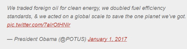 奧巴馬離職前最后一個元旦發推特，為任內燃油經濟性標準翻倍擺功
