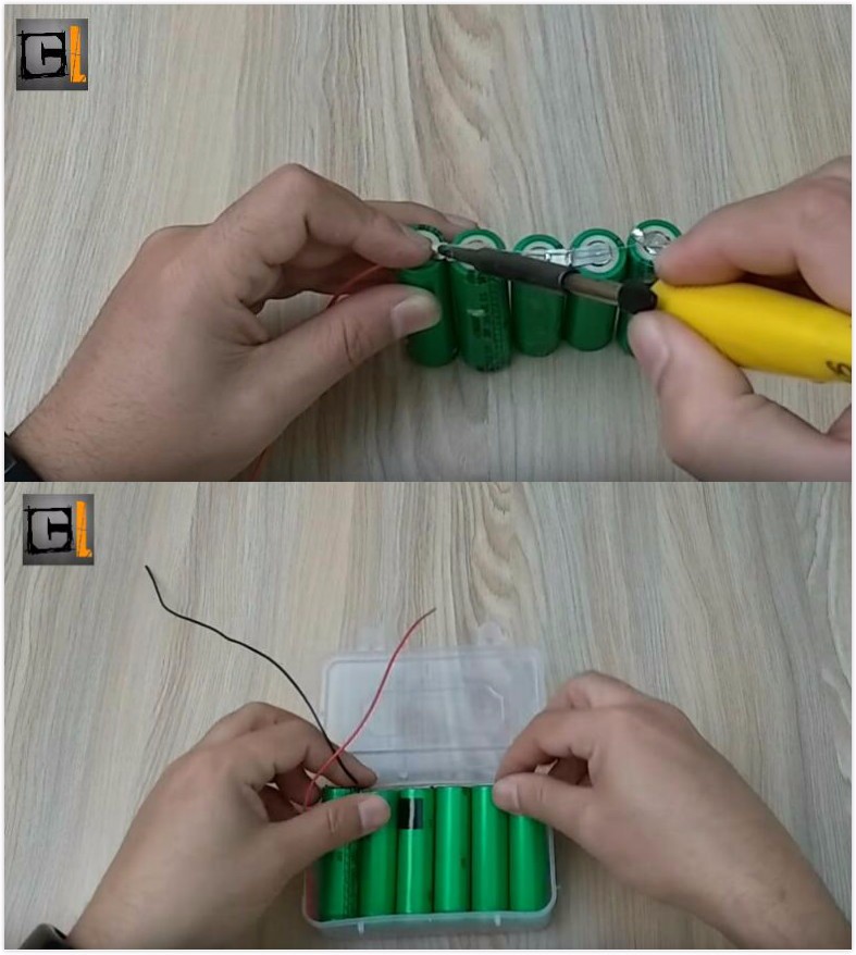 接著，將這幾顆鋰電池排成一排，并用熱焊槍將電源線焊接在電池的正負極上，并將其放入到一個盒子當中。