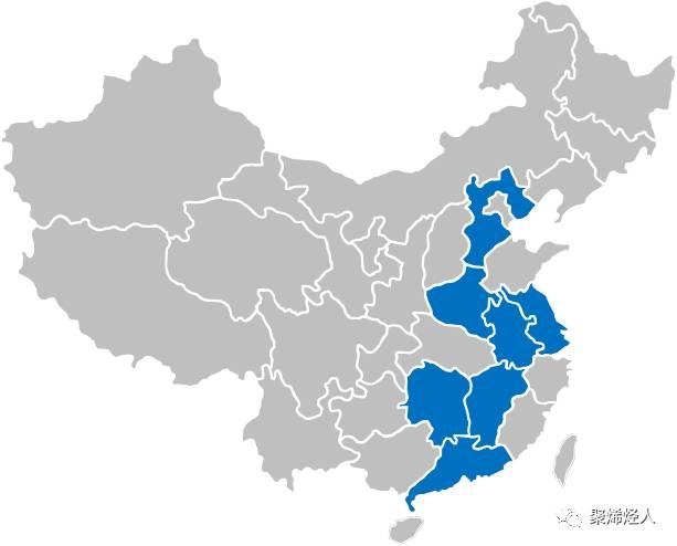 藍色圖示區為鋰電池隔膜材料規模較大省份