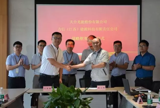 天合光能副總裁劉海鵬、力信能源副總裁施云海代表雙方簽約