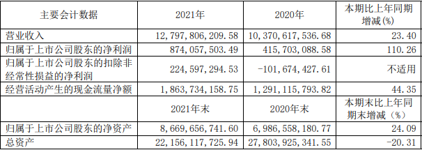 東陽光2021年主要會計數據（單位：元）