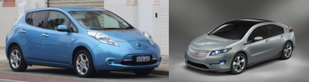 圖片：第一代純電汽車，如日產(chǎn)聆風(fēng)（左）和雪佛蘭volt（右）