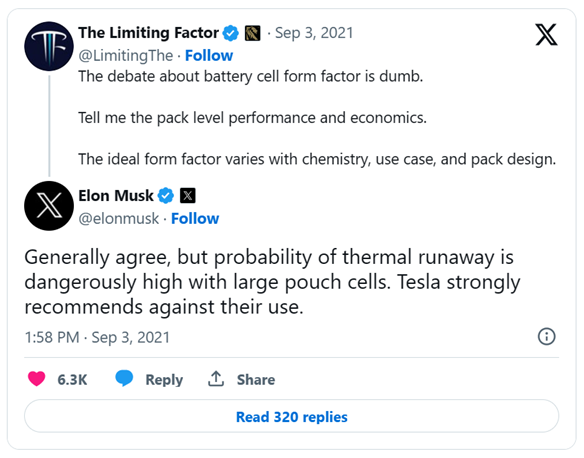馬斯克在推特“商戰”以熱失控問題為由堅決抨擊應用大軟包單體電芯