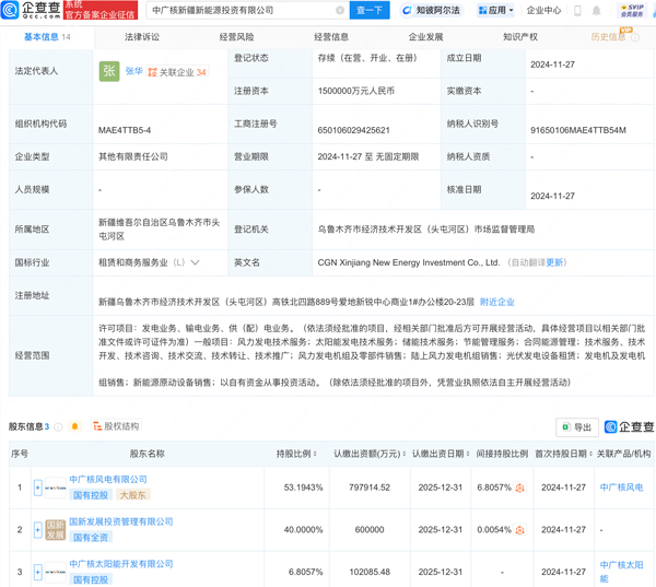 注冊資本150億!中廣核新疆新能源投資公司成立 注冊資本150億!中廣核新疆新能源投資公司成立